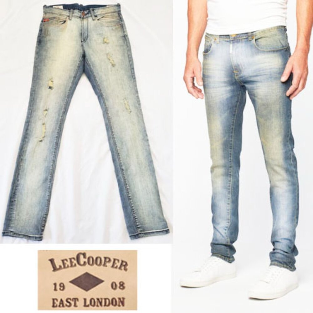 Lee Cooper East London Mens Zane Super Slim Tinted Distressed Denim Jeans Pants